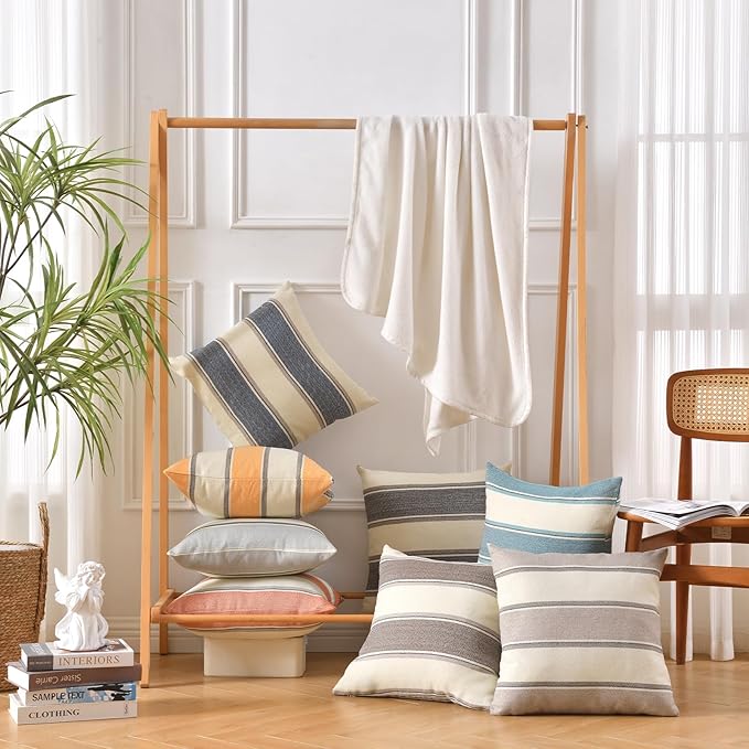 AmHoo Pack of 2 Farmhouse Linen Throw Pillow Cover Cushion Stripe Decoration Buffalo Retro Pillowcase with Hidden Zipper for Sofa Bedroom Car 16 x 16 Inch Burnt Orange