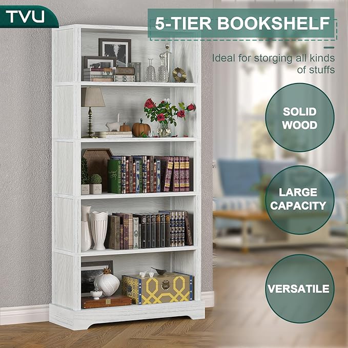 TVU 5-Tier Wooden Book Shelf, 65" Tall Bookshelf with Storage, Floor-Standing Display Bookcase, Farmhouse Style Bookshelf with Arched Base, Suitable for Living Room, Study, Office, Antique White