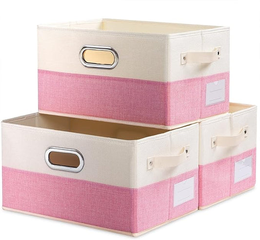 PRANDOM Large Collapsible Storage Baskets for Closet [3-pack] Decorative Fabric Storage Bins Cubes with Leather/Metal Handles for Shelves Bedroom Living Room Pink&amp;Cream (14.9x9.8x8.3 Inch)