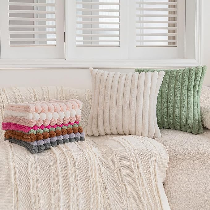 Double-Sided Faux Fur Plush Throw Pillow Covers 18x18 Set of 2 Fuzzy Striped Soft Cozy Pillowcase Luxury Decorative Pillows Square Shaggy Cushion Covers for Couch Sofa Bed,Cream White