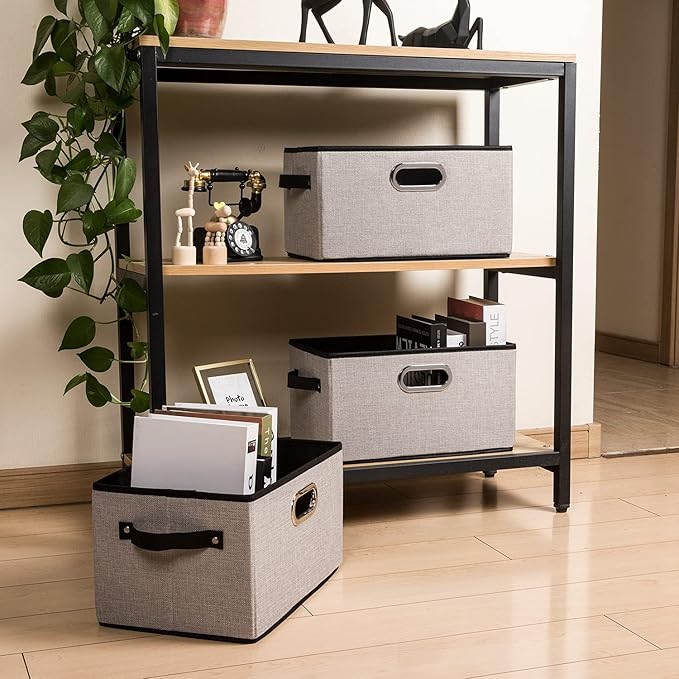 PRANDOM Large Fodable Storage Bins for Closet [5-pack] Decorative Linen Fabric Storage Bins Cubes with Leather/Metal Handles for Shelves Bedroom Living Room Light Gray (14.9x9.8x8.3 Inch)