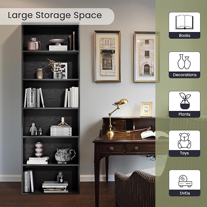 71" Tall Bookcase, 6-Tier Open Display Storage Shelves, Floor Standing Large Book Shelf for Living Room, Home Office, Bed Room, Black