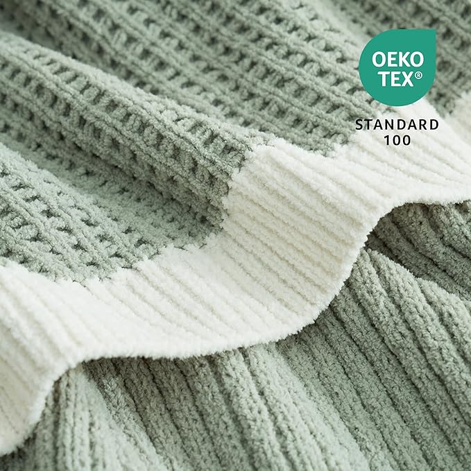 Amélie Home Waffle Throw Blanket for Couch, Soft Cozy Chenille Knit Blanket Warm Decorative Throw for Sofa, 50"x60", Sage Green