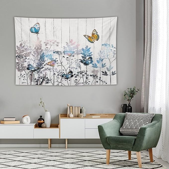 Nature Dandelion Tapestry,Rustic Floral Wood Plank Butterfly Theme Print Tapestries for Living Room Party Beach Picnic Blankets Tablecloths Wall Decor, 60x90 in