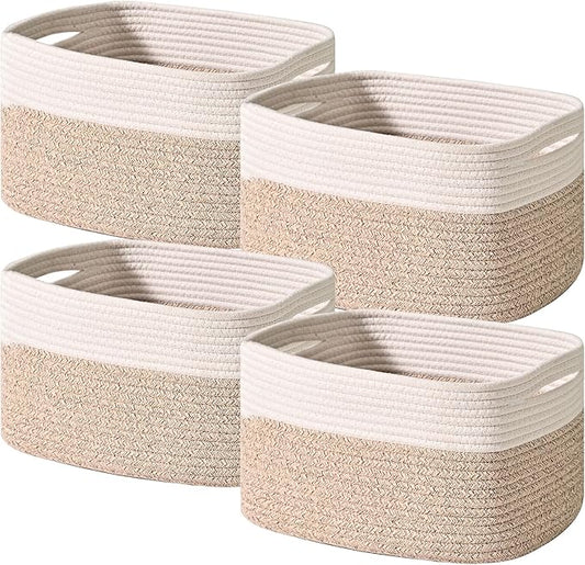 Storage Baskets for Shelves, Woven Storage Basket, Bins for Cube Storage, Cotton Rope Basket with Handles for Toy, Book, and Clothes Living Room, (4 Packs) Off White &amp; Brown