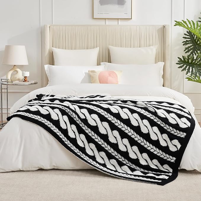 Amélie Home Cable Knit Throw Blanket for Couch, Bicolour Super Soft Cozy Fuzzy Plush Throws for Sofa, 50" x 60", Cable Black &amp; White