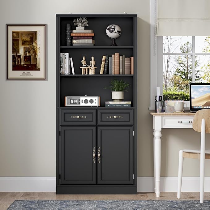 71.4" Tall Bookshelf with Drawers &amp; Cabinet, 5-Tier Floor Standing Bookcase with Storage Doors, Adjustable Shelves &amp; Metal Handles, 31.5" Wide Organizer for Home Office, Living Room