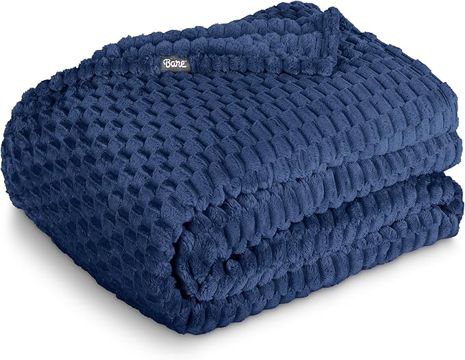 Bare Home Textured Fleece Blanket - Full/Queen - Ultra-Soft Lightweight for Bed, Sofa, and Couch - Luxury Microplush - Cozy Warm Blanket (Full/Queen, Waffle Dark Blue)