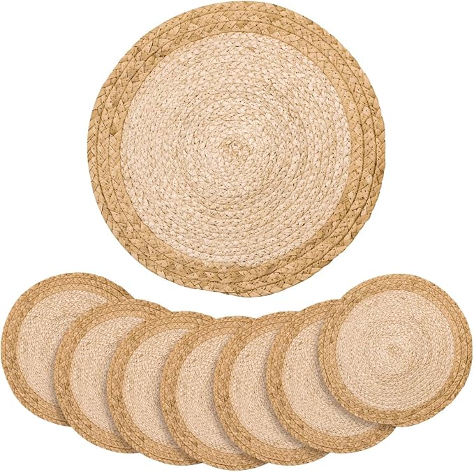 13 in Round Woven Placemats Plate Chargers Set of 8, Boho Farmhouse Rustic Place Mats for Dinner Plates, Rattan Wicker Braided Table Mats Chargers for Dining Table Decor