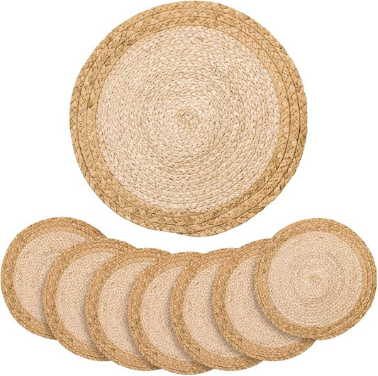 13 in Round Woven Placemats Plate Chargers Set of 8, Boho Farmhouse Rustic Place Mats for Dinner Plates, Rattan Wicker Braided Table Mats Chargers for Dining Table Decor