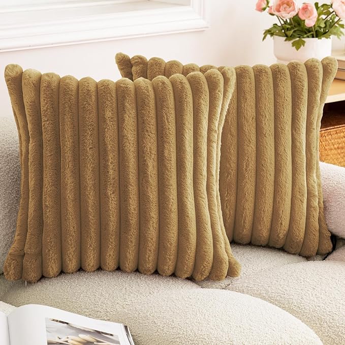 Double-Sided Faux Fur Plush Throw Pillow Covers 24x24 Set of 2 Fuzzy Striped Soft Cozy Pillowcase Luxury Decorative Pillows Square Fluffy Cushion Cover for Couch Bed Living Room,Camel