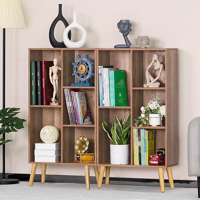 LEYAOYAO 5 Cube Small Bookshelf,3 Tier Mid-Century Bookcase with Legs,Wood Kids Bookshelves Storage Organizer Shelf,Free Standing Narrow Book Shelves,Oak Gray Corner Bookcases for Bedroom,Living Room