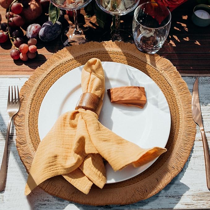 13.8 in Round Woven Boho Placemats Set of 8, Washable Cotton Farmhouse Rustic Place Mats for Dining Table Decor, Tassels Table Mats Plate Chargers for Dinner Plates