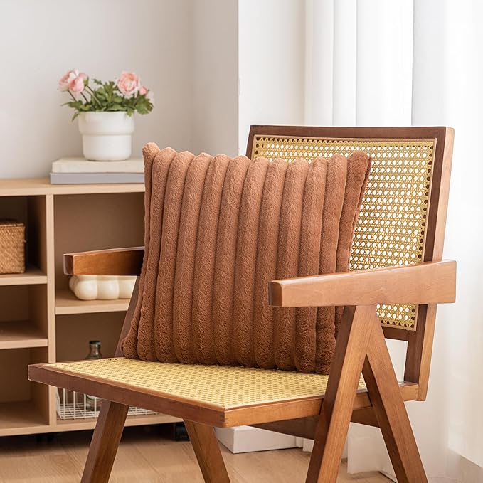 Double-Sided Faux Fur Plush Throw Pillow Covers 18x18 Set of 2 Fuzzy Striped Soft Cozy Pillowcase Luxury Decorative Pillows Square Shaggy Cushion Covers for Couch Sofa Bed,Brown