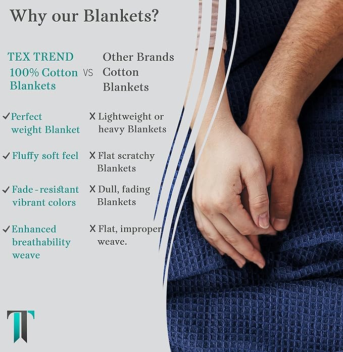 Tex Trend Waffle Blanket – 100% Cotton Blankets Queen Size – Breathable and Soft for Summer Spring – Suitable for Bed Layering, Sofa &amp; Couch – Navy Blue (90”x90”)