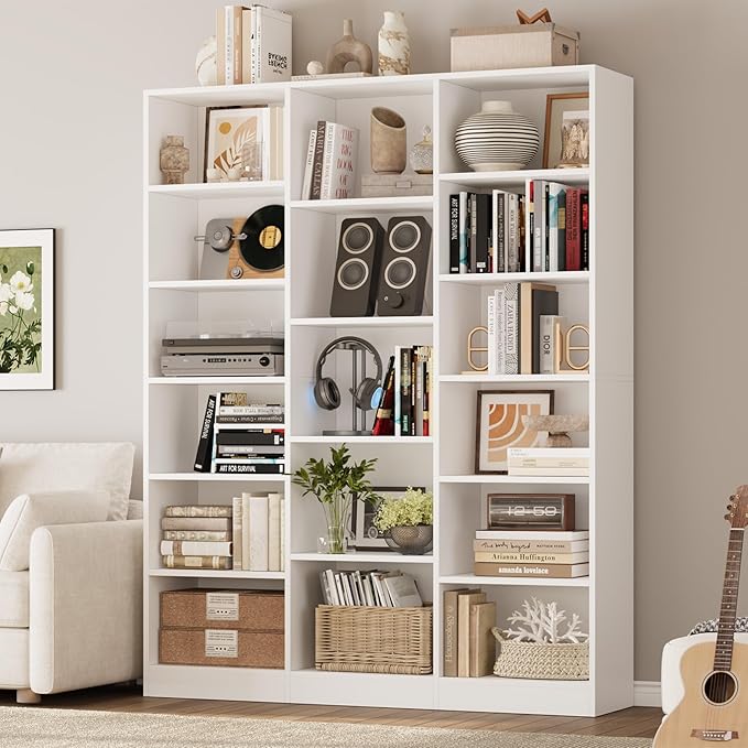 Triple Wide Bookshelf, 6 Tier Large Bookshelf, Bookcase with 17 Open Display Shelves, 74'' Tall Bookcases and Bookshelfs for Living Room, Home Office, Library, White