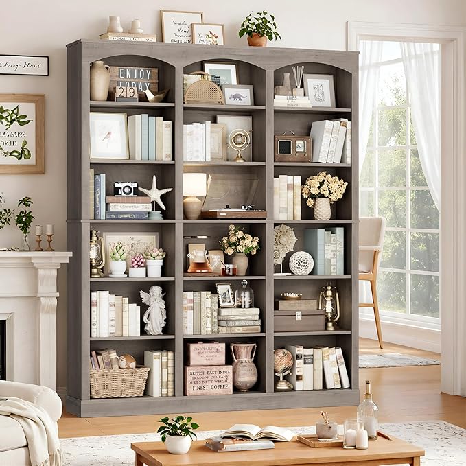 71" Triple Wide Bookshelf, 6 Tier Tall Bookshelf, Large Bookcase with Curved Baffle, 63.4" Wide Book Shelf with 18 Open Display Shelves for Living Room, Study, Gray