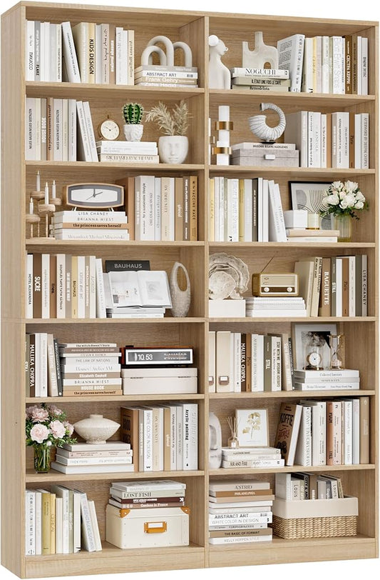 83.6" Tall Bookshelf and Bookcase, 7-Tier Extra Large Bookshelf with Double Storage, 14 Open Display Shelves for Home Office, Study and Living Room, Light Oak