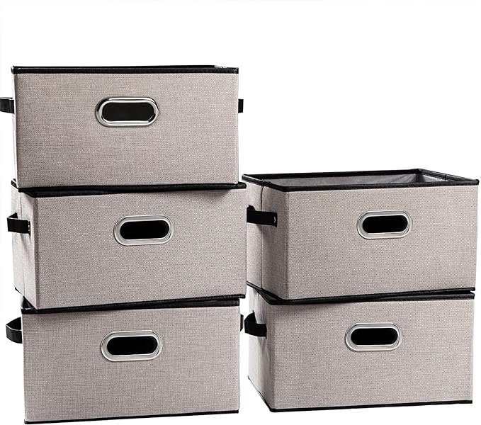 PRANDOM Large Fodable Storage Bins for Closet [5-pack] Decorative Linen Fabric Storage Bins Cubes with Leather/Metal Handles for Shelves Bedroom Living Room Light Gray (14.9x9.8x8.3 Inch)
