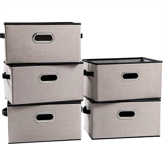 PRANDOM Large Fodable Storage Bins for Closet [5-pack] Decorative Linen Fabric Storage Bins Cubes with Leather/Metal Handles for Shelves Bedroom Living Room Light Gray (14.9x9.8x8.3 Inch)