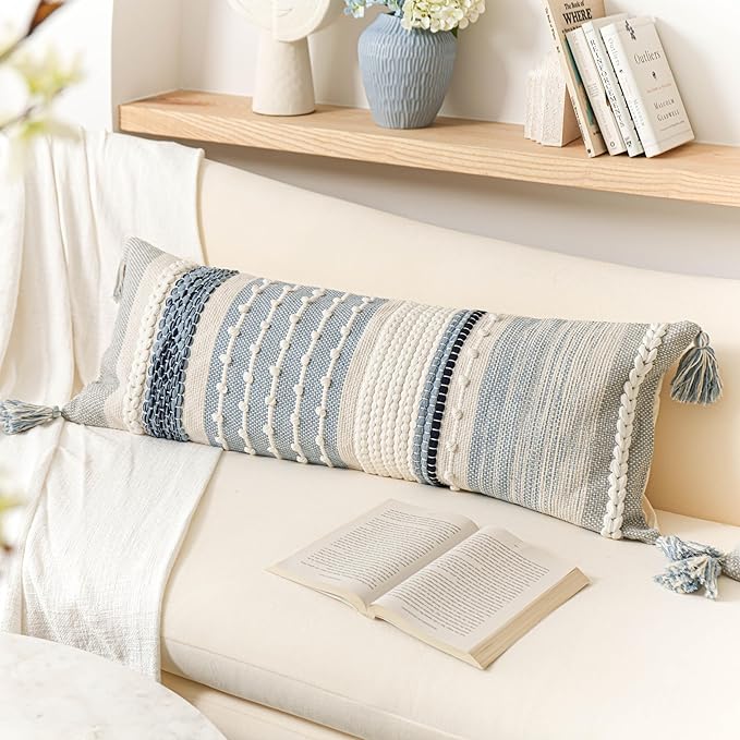Coastal Blue Decorative Lumbar Pillow Cover 14x36 Boho Long Body Pillow for Bed Farmhouse Lumbar Throw Pillow for Couch Modern Accent Textured Throw Pillowcase