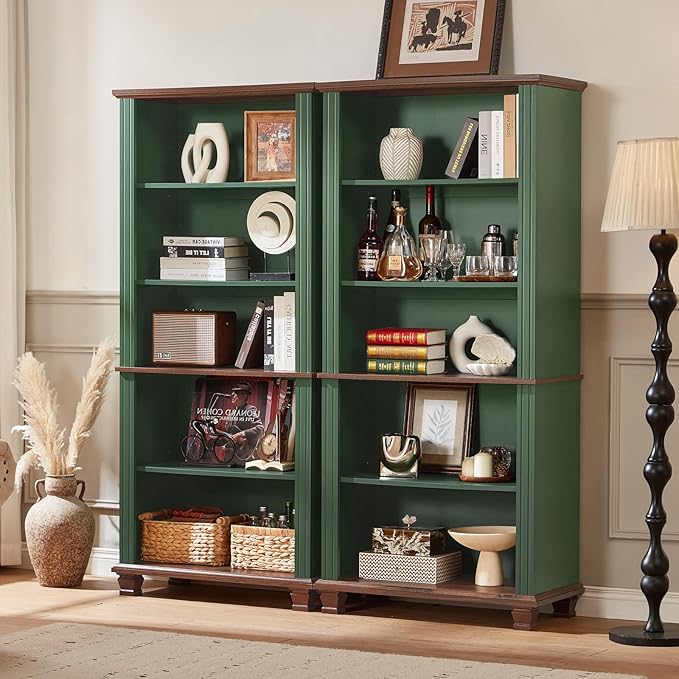 70" Tall Green Bookshelf,5 Tier Wooden Book Shelf with Adjustable Shelves &amp; Wood Legs,Free Standing Farmhouse Bookcase with Open Display Storage,Vintage Bookshelfs for Library,Classroom