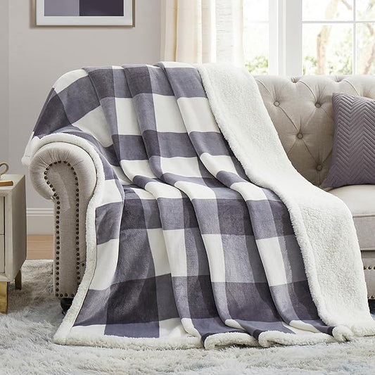 PU MEI Sherpa Blanket Fleece Throw Blanket Twin Plaid Thick Bed Blanket, Soft Warm Cozy Gray Checkered Throw Blanket 60"*80"