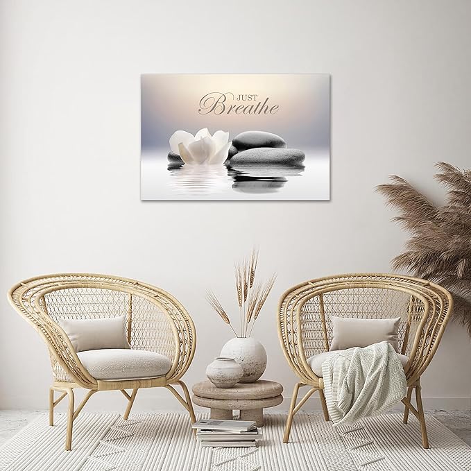 Zen Stone Canvas Wall Art Just Breathe Yoga Quotes Poster for Spa Decor White Lotus Flower Pictures Prints for Bathroom Modern Spiritual Artwork Framed (20 x 30inches)
