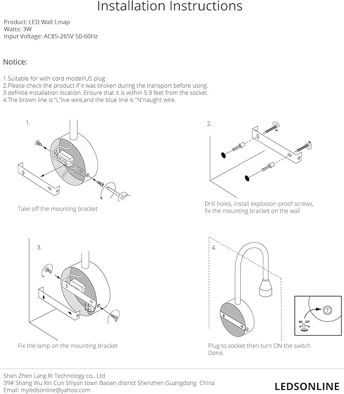 2 Pack Modern Cord Wall Mount Lamp Reading Wall Light Plug-in Sconce for Bedroom Easy Install AC 85-265V (Black Body, 2pcs Pure White 6000K)