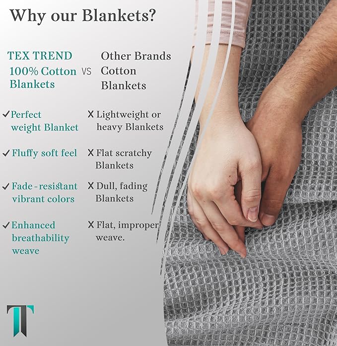 Tex Trend Waffle Blanket – 100% Cotton Blankets Queen Size – Breathable and Soft for Summer Spring – Suitable for Bed Layering, Sofa – Light Gray (90”x90”)