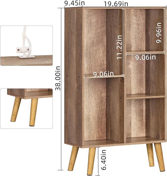 LEYAOYAO 5 Cube Small Bookshelf,3 Tier Mid-Century Bookcase with Legs,Wood Kids Bookshelves Storage Organizer Shelf,Free Standing Narrow Book Shelves,Oak Gray Corner Bookcases for Bedroom,Living Room