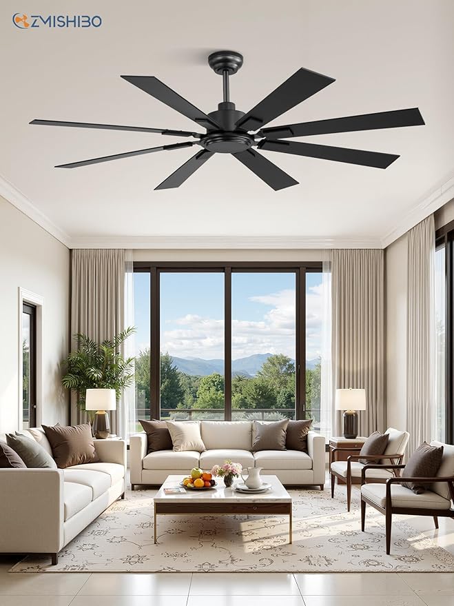 ZMISHIBO 62 Inch Ceiling Fan No Light with Remote Control, 8 Blades Quiet DC Reversible Motor, 6-Speed, Timer, Black Finish, Indoor Outdoor Ceiling Fans for Patios, Living Room, Garage