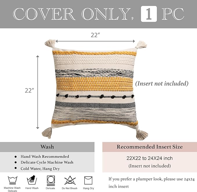 Fall Boho Decorative Throw Pillow Cover 22x22 Square Yellow Mustard Accent Pillowcase Tassels Farmhouse Cushion for Couch Sofa Bedroom Living Room Home Décor Cover ONLY (Pack of 1)
