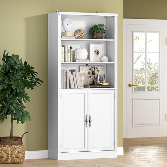 71.4" Tall Bookshelf with Cabinet, 5-Tier Floor Standing Bookcase with Doors &amp; Adjustable Shelves, 31.5" Wide Storage Shelf, Metal Handles, Modern Organizer for Home Office, Living Room