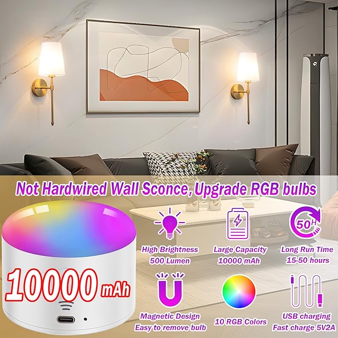 Battery Operated Wall Sconce Set of 2, Rechargeable Wall Sconce with 10000mAh Bulb and Remote, Up to 50 Hrs Use, RGB Dimmable Wireless Wall Lights for Living Room Bedroom Hallway