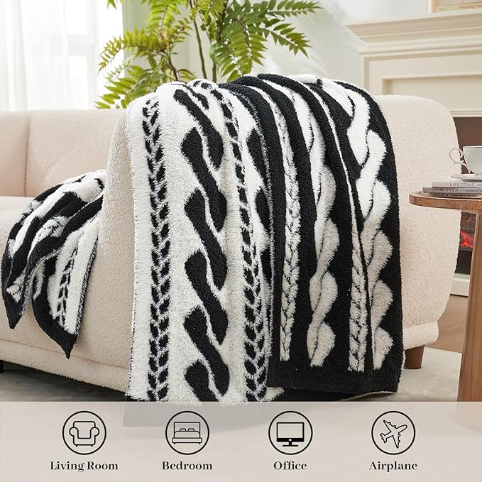 Amélie Home Cable Knit Throw Blanket for Couch, Bicolour Super Soft Cozy Fuzzy Plush Throws for Sofa, 50" x 60", Cable Black &amp; White