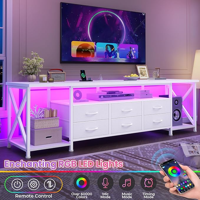 BTHFST TV Stand with LED Lights & Power Outlets, for TVs up to 85 Inches, 6 Fabric Drawers Entertainment Center with Open Storage Shelves, 71" TV Media Console Table for Living Room, Bedroom, White