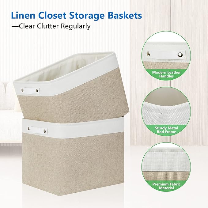 Bidtakay Storage Baskets for Shelves [4-Pack] Storage Bins for Organization Fabric Beige Baskets for Closet Hallway Cabniet Room Organizer Bins for Clothes Blankets Home