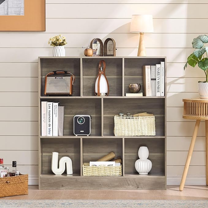 LEYAOYAO 8 Cube Bookshelf with Base,3 Tier Mid-Century Modern Gray Bookcase,Standing Wide Bookshelfs Storage Organizer Shelf,Rustic Wood Display Cabinet Book Shelves for Bedroom,Living Room,Office