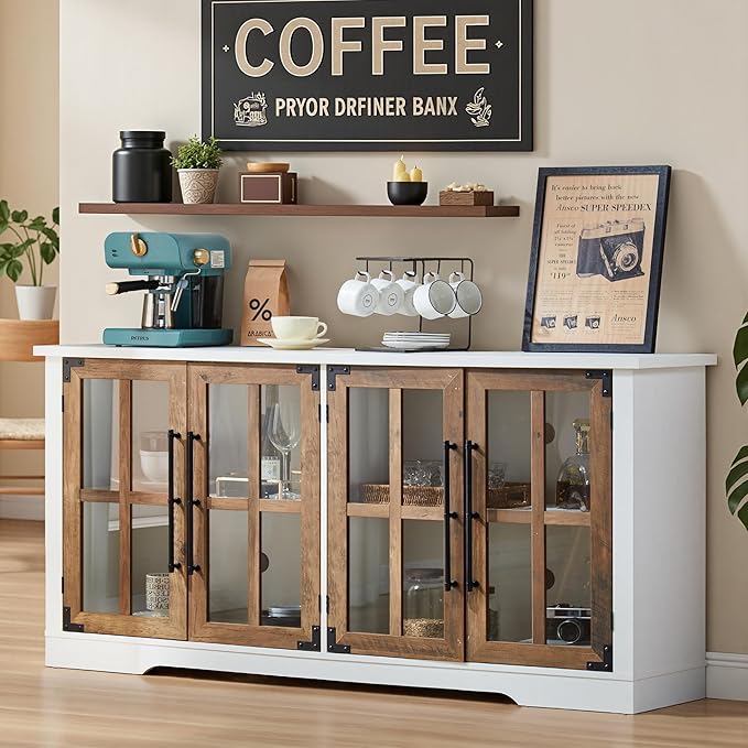 AMERLIFE Farmhouse 63" Buffet Sideboard Cabinet with Glass Door, Large Storage Cabinet with Adjustable Shelf, Wooden Coffee Bar Station for Kitchen, Dinning Room, White