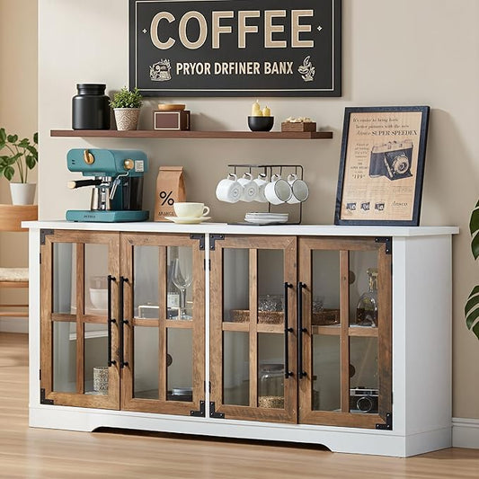 AMERLIFE Farmhouse 63" Buffet Sideboard Cabinet with Glass Door, Large Storage Cabinet with Adjustable Shelf, Wooden Coffee Bar Station for Kitchen, Dinning Room, White
