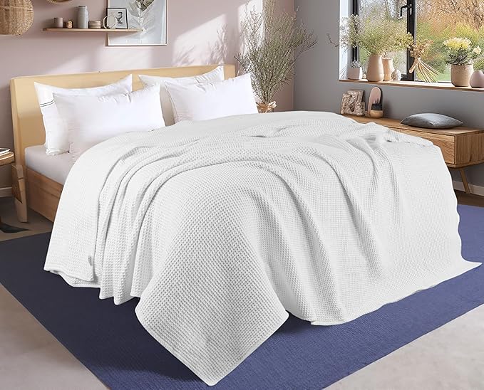 Tex Trend 100% Cotton Blankets – Soft and Breathable Twin XL White Waffle Blanket – All Season Comfort – Suitable for Bed Layering, Sofa, Couch and Chair (60”x90”)