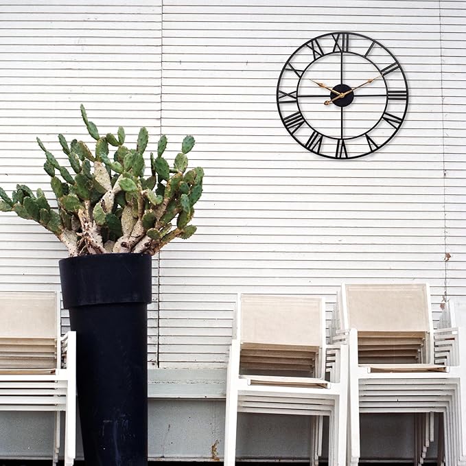 16 Inch Large Outdoor Wall Clock, Black Metal Modern Minimalist Battery Operated Silent Clock for Patio, Pool, Garden, Living Room, Kitchen, Office, Bedroom Decor with Easy to Read Numbers