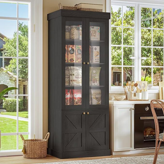 Vyre 71" Tall Farmhouse Kitchen Pantry, Large Storage Cabinets with Glass Doors, Adjustable Shelves, Wood Versatile Hutch Cabinet for Living Room, Dining Room, Kitchen, Black