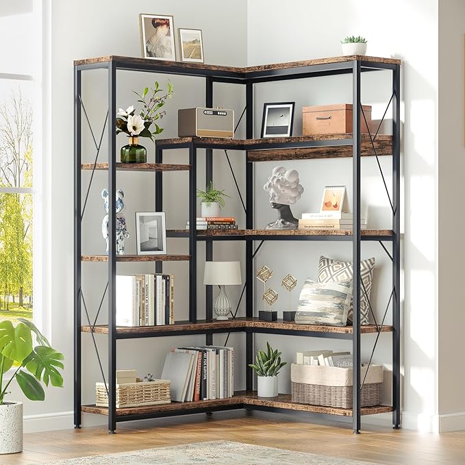 JAMFLY 5-Tier Corner Bookshelf, Industrial Corner Bookcase, Book Shelves with Metal Frame, Large Open Display Bookshelfs, L-Shaped Shelf for Living Room, Home Office, Rustic Brown