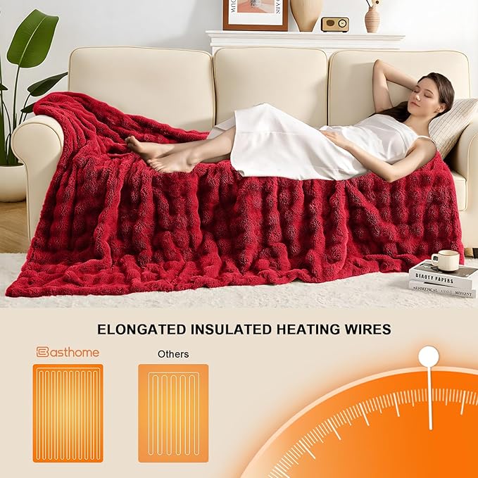 Heated Blanket Electric Throw Blanket 62''X 84''-Heating Blanket with 6 Heat Settings-4/10 Hours Auto Off,Cozy Faux Rabbit Fur Bubble Electric Blanket,Red