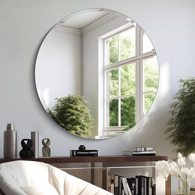 36" Frameless Beveled Round Mirror with 1" Edge for Bathroom, Entryways, Vanity, Wall Decor