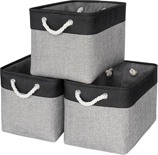 TheWarmHome Storage Basket for Organizing - 16x12x12 inch Cube Storage bin 3 Pack Fabric Storage Cubes, Collapsible Storage Box for Organizer Cloth Gift Toy Closet (Black &amp; Grey)