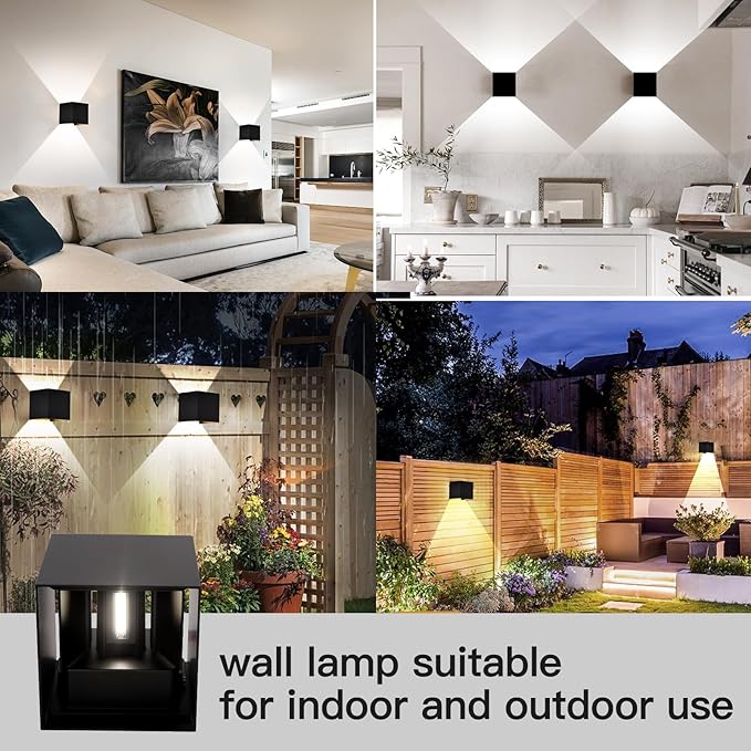 12W 4Pack Outdoor Wall Lights Exterior/Interior,LED Black Outdoor Wall Sconces Light Fixtures Modern,IP65 Waterproof Square Aluminum Wall Lamps, Up and Down Lights 6500K Cold Lights