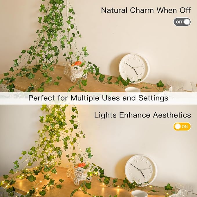 suddus Vine with Fairy Lights Battery Operated, 33ft 100 LED Ivy String Lights with Remote, Leaf Lights for Bedroom, Room, Wall, Garden, Party, Wedding Decor (Warm White)